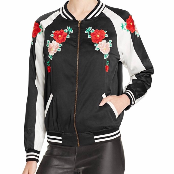 NWT Aqua Women’s Floral Embroidered Bomber Jacket AQ4 - Picture 1 of 6